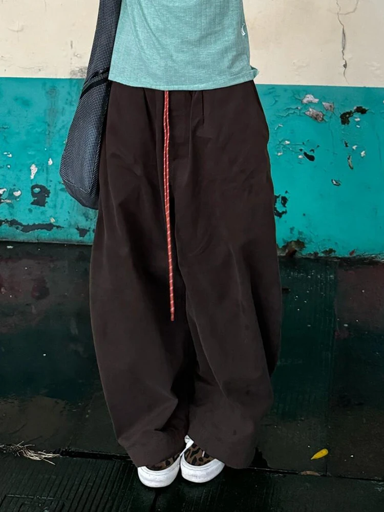 PBAP sznurkiem jednolita, na co dzień szerokie spodnie damskie kieszenie w pasie bawełniane podkowy spodnie oversize Vintage Y2k Streetwear
