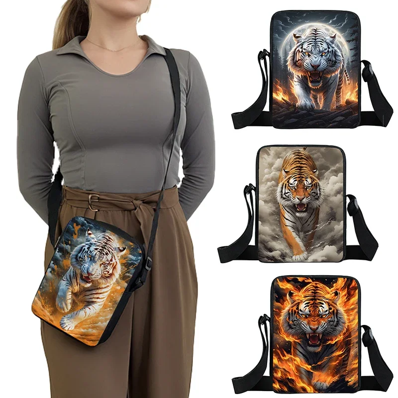 Cool White Tiger Print Crossbody Bag Teenager Boy Girls Flame Tiger Shoulder Bags Phone Keys Portable Card Storage Bag Gift