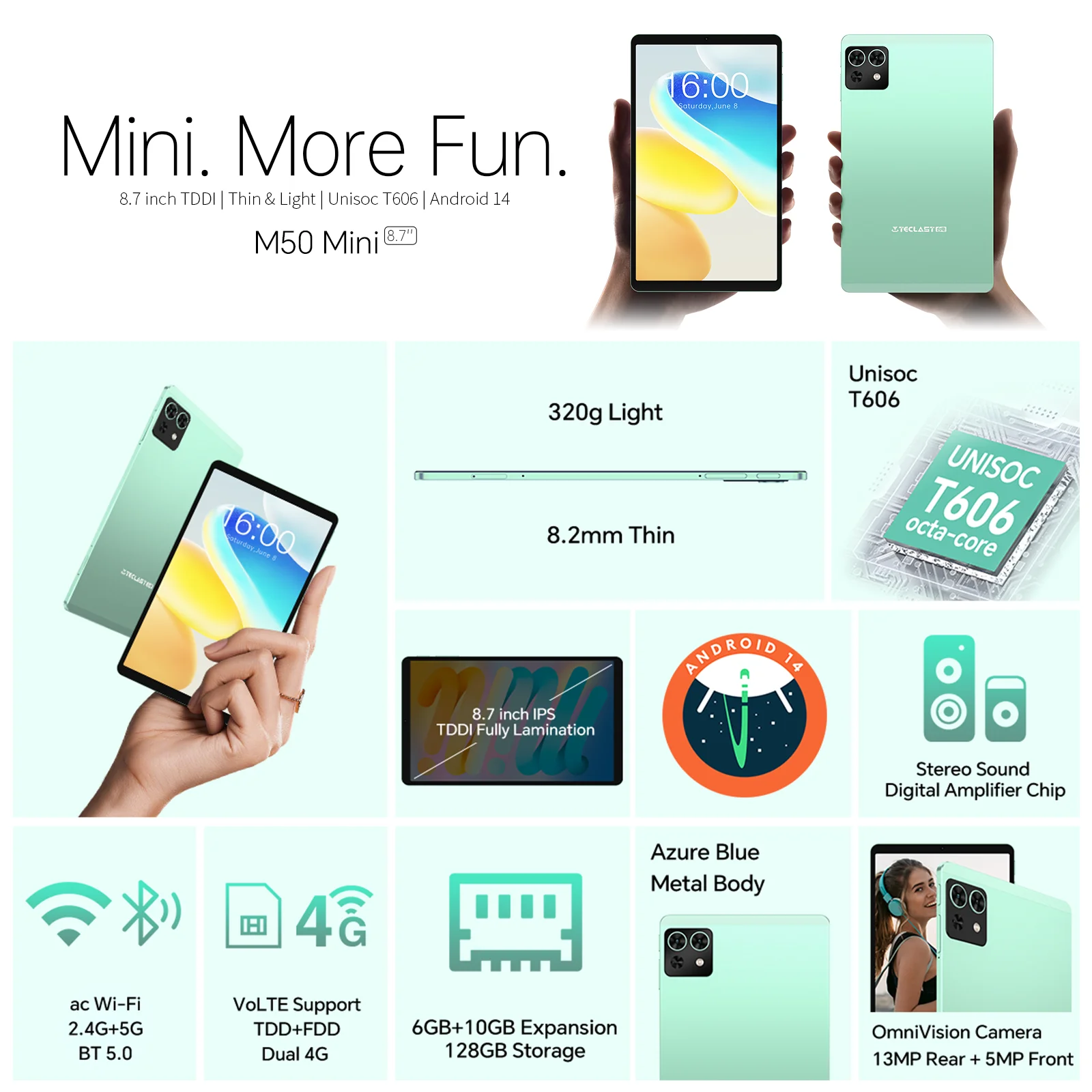 Teclast M50 Mini, 8.7 inches, Android 14 Tablet, 4g LTE, (6GB+10GB