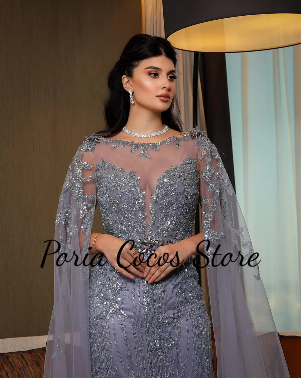 Customized Luxury Mermaid Prom Gown Scoop Neck With Shawl Crystal Beaded Tulle Belt Full Length Women's Sexy Party Evening Dress