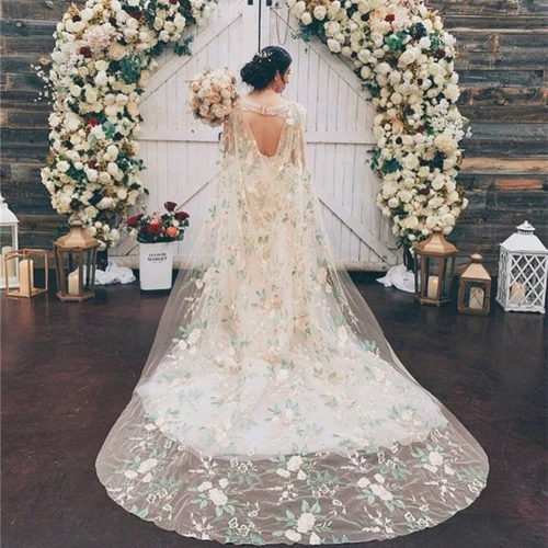 Imagen 2 del producto Velos de capa de boda florales coloridos, accesorios drapeados para hombros de novia, flores para novias, verde, rosa, largo, catedral, bosque, tul