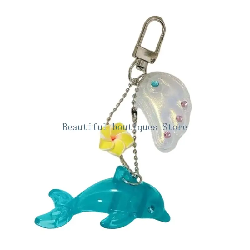 U4LF Dolphin Bag Charm Keychain with Shell Pendant and Flower Accent, Plastic Charm Body and Lobster Clasp Hardware