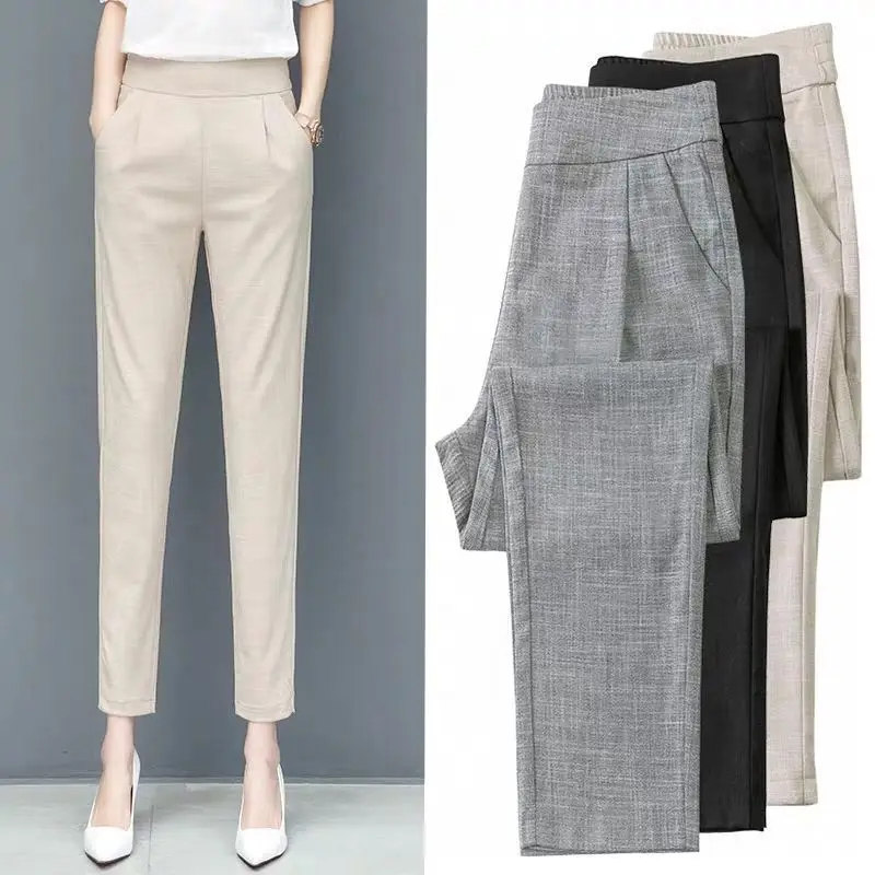 여성 하렘 팬츠 하이웨이스트 슬리밍 2025 봄 가을 신상 9부 코튼 린넨 스트레이트 테이퍼드 팬츠