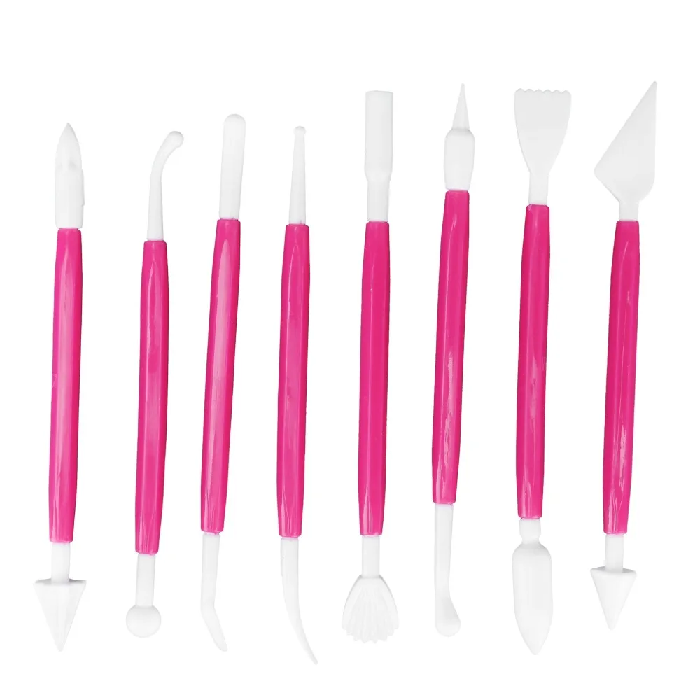PP Cake Fondant Tool Set 8Pcs Rose Red Fondant Decorating Tool Set Engraving Modeling Double Ended Engraving Pen Set