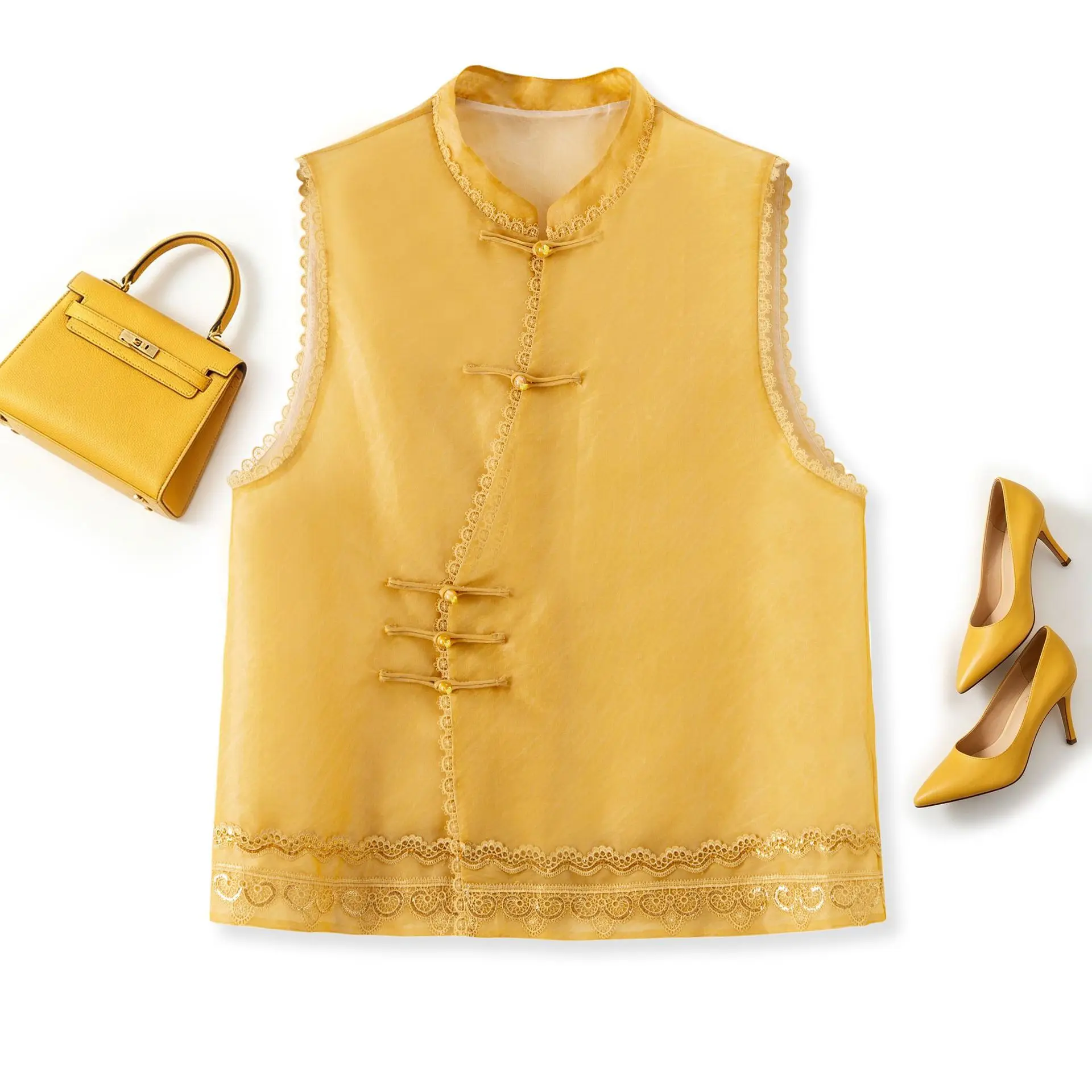 Chinese Mulberry Silk Vest Women Summer Collar Buckle Lace Sleeveless Outer
