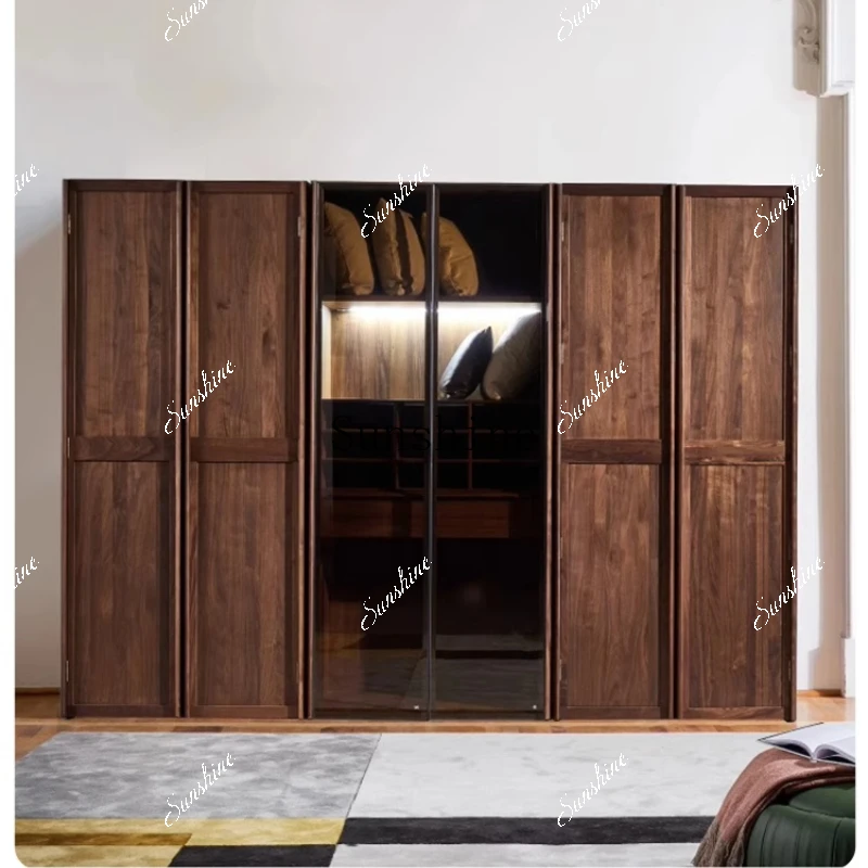 High-end Italian solid wood light luxury post-modern black walnut wardrobe glass door  FT