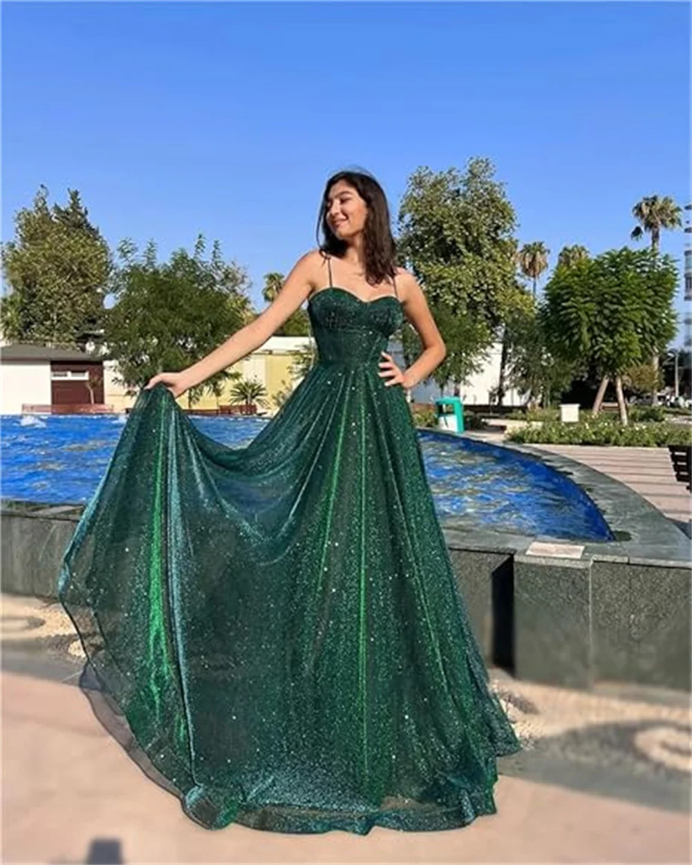 

Customized Sparkly Tulle Long Prom Dresses For Women Corset A Line Formal Evening Gown Spaghetti Straps Sweet Bridesmaid Dresses