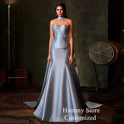 Light Blue Evening Dress Saud Arab Customized Sweetheart Sleeveless Applique Sweep Train Satin Mermaid Prom Gown Party Dresses