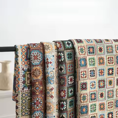 Moroccan Jacquard Fabric Ethnic Style Woven Fabrics Color Blocking Grid for DIY Sewing Sofa,Tablecloths,Coat,Decorative Material