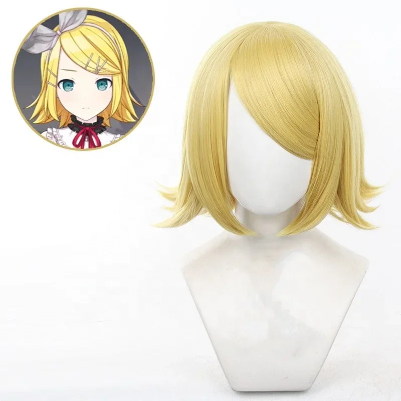 Vocaloid Cosplay 35cm Short Blonde Kagamine Rin Wig Synthetic Anime Heat Resistant Cosplay Wig