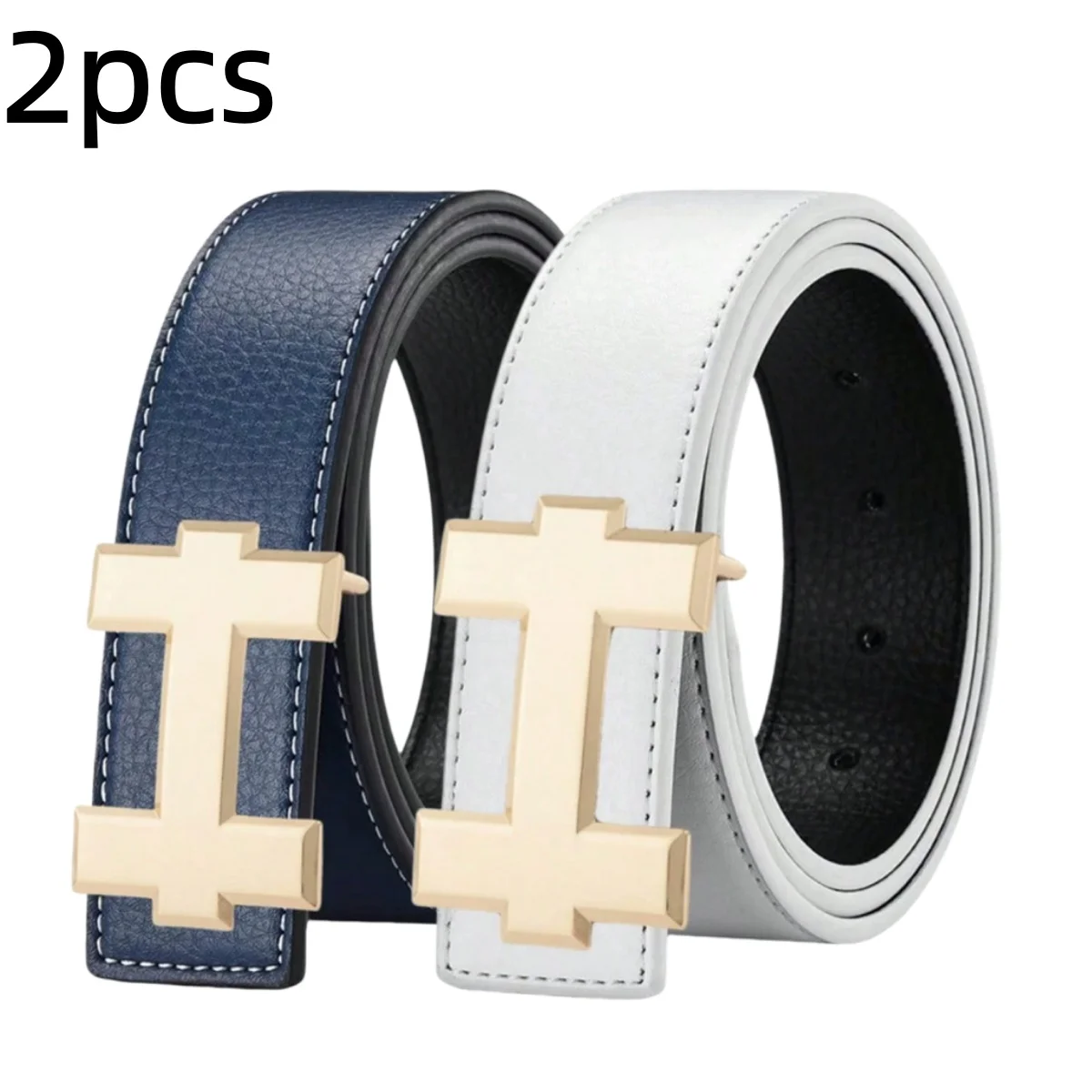 2Pcs Men Fashion Waist Belt Set, Gold‑Tone H‑Shape Metal Buckle Belts, Textured Faux Leather Strap Waistband, Business Casual Ac