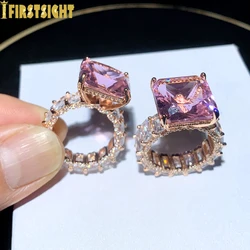 Iced Out Rose Gold Color Pink CZ Square Ring Big Cubic Zirconia Cut Engagement Wedding Band Rings For Women Men Hiphop Jewelry