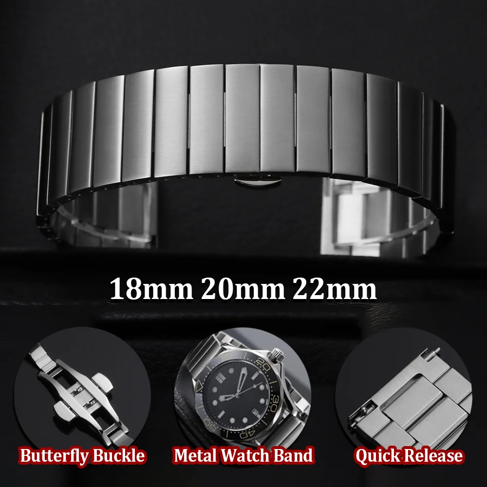 

Solid Stainless Steel Watch Band 18mm 20mm 22mm Adjustable Metal Strap Butterfly Buckle Silver Bracelet for Men Women Wristband