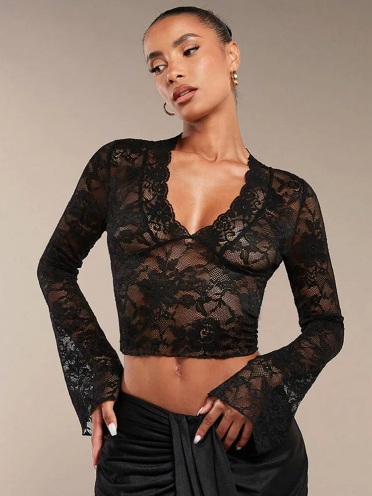 

BKLD New 2025 Spring Elegant Women Clothing Crop Tops Solid Color Sexy Transparent Lace V-Neck Tight Flare Long Sleeve Tops