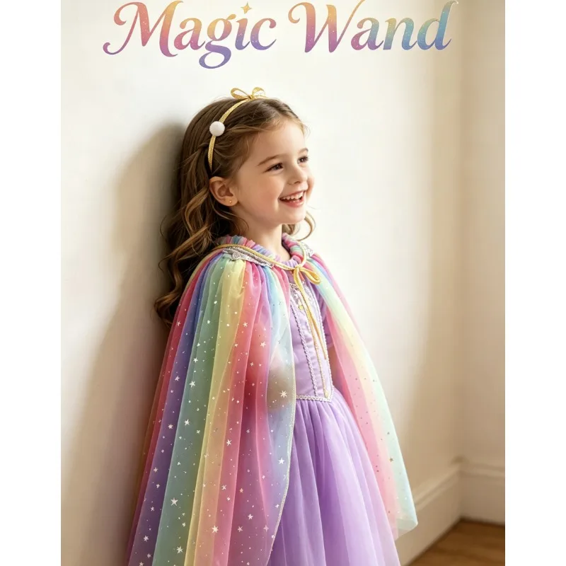 

Little Girls Sparkly Rainbow Tulle Cape Princess Cloak Kids Birthday Party Performance Fancy Costume Toddler Dress