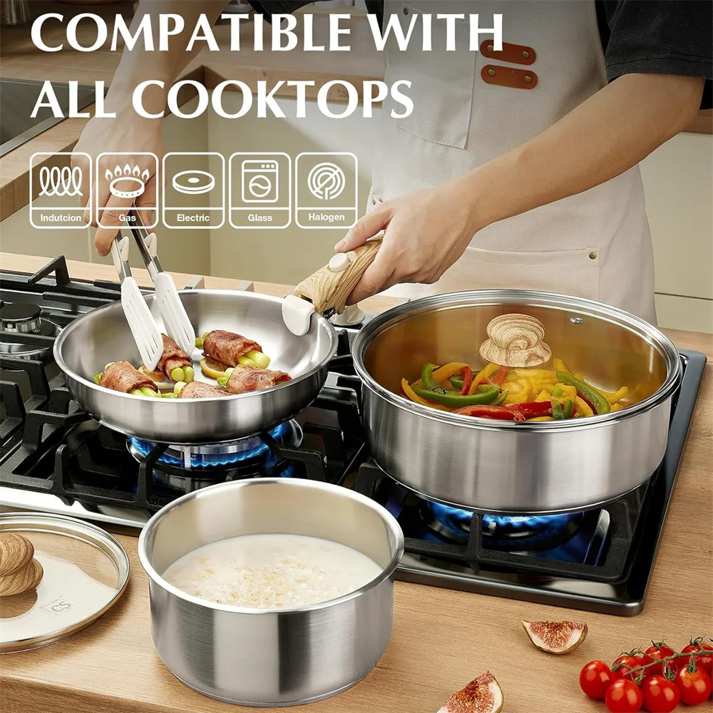 KOCH SYSTEME CS 11-Piece Stainless Steel Cookware Set 18/10 Stainless Steel Pots and Pans With Detachable Handle Kitchen Sauce pan Frying pan Skillet Induction Compatible