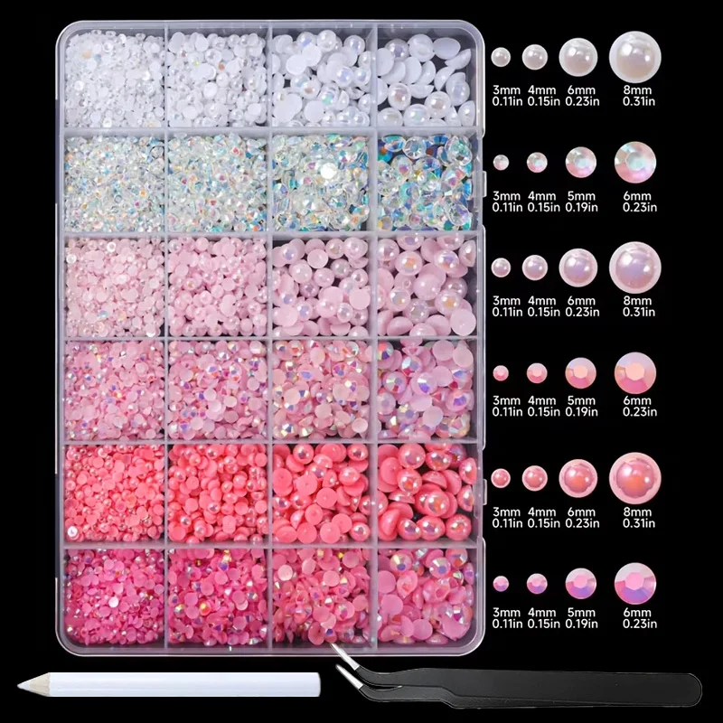 Pink & White 5000pcs AB Resin Rhinestone & Half Round Pearl Set - Non-Hotfix Gems for DIY Crafts, Jewelry, Clothing Embellishmen