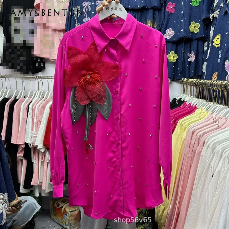 

2025 Autumn New Heavy Industry Diamond Three-dimensional Flower Shirt Single-breasted Top Women's Y2k Pink Long-sleeved Blouse