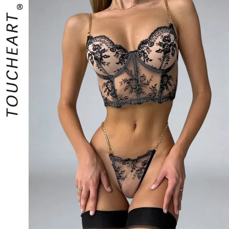 Toucheart Erotic Lingerie Panty 2PCS Embroidery See-through Gather Together Bod…