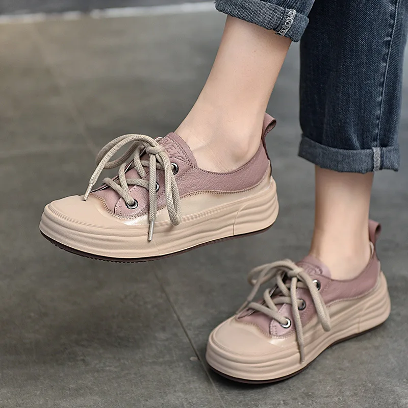 Women's Genuine Leather Casual Shoes2026New spring model round-toe lace-up soft-soled women's shoes, low-top sneakers for women