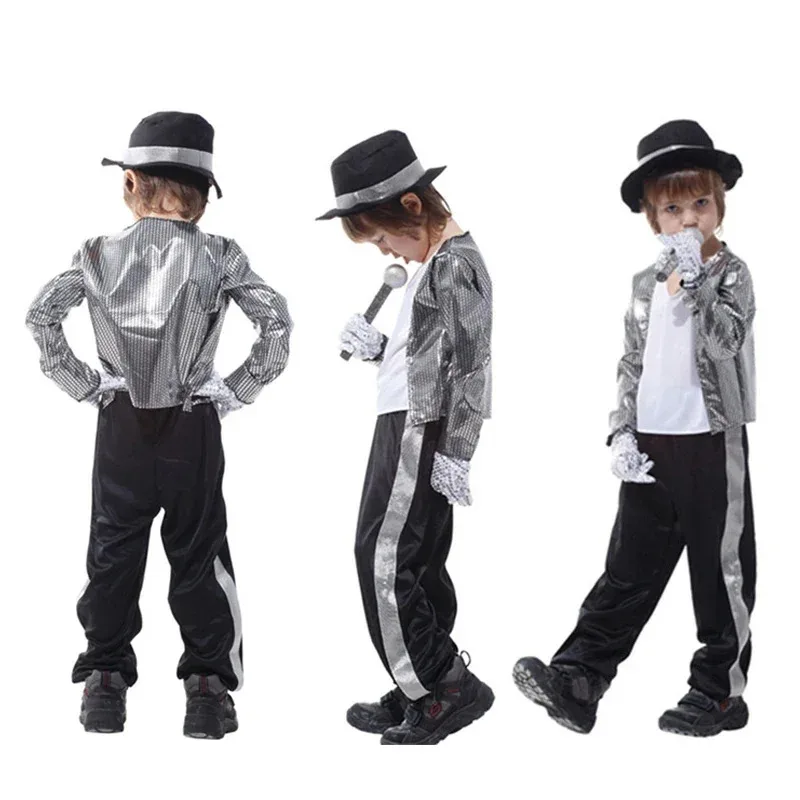 Mantel MJ Michael Jackson Billie Jean Cosplay Pesta Anak-anak Jaket Penyanyi Superstar Sarung Tangan Set Tari Anak-anak Pakaian Kostum