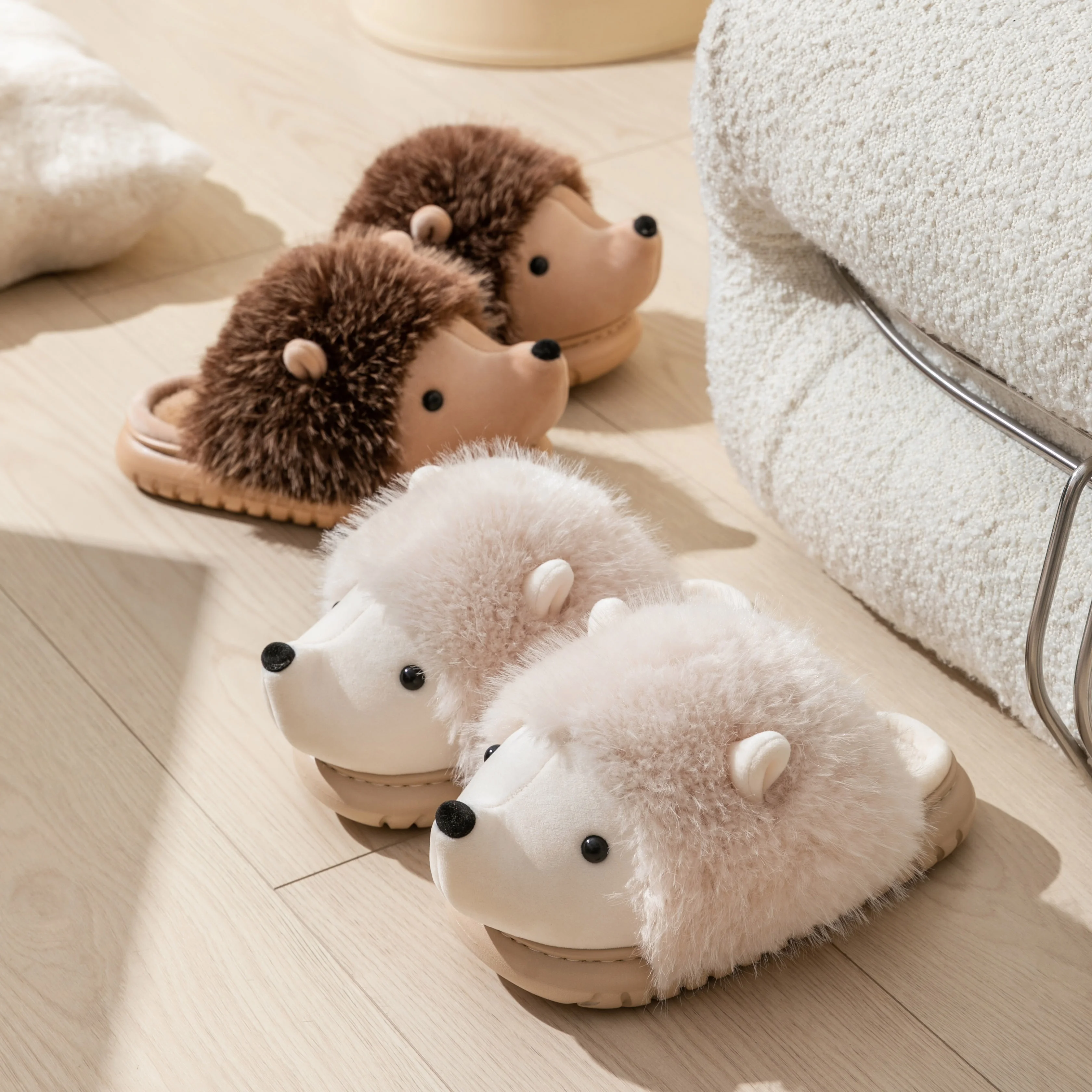 Cozy Hedgehog Plush Slippers for Women - Warm, Quiet Indoor/Outdoor Winter Shoes with Thick Sole and Cute Cartoon Design