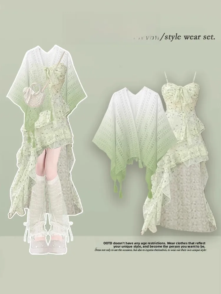 Ensemble deux pièces imprimé Floral pour femmes, doux, bretelles amincissantes, jupe Dr, Robe trapèze légère, été