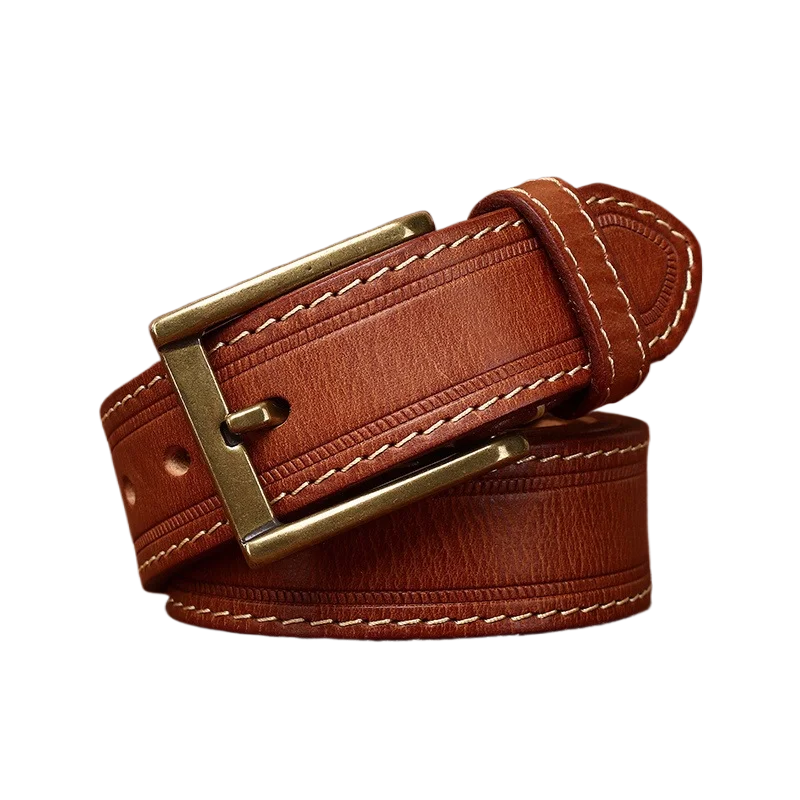Men's Hand-rafted Vintage Distressed Thick Genuine Leather Pin-Buckle Belt Top-Grain Cowhide Stitched Decorative Waist Belt