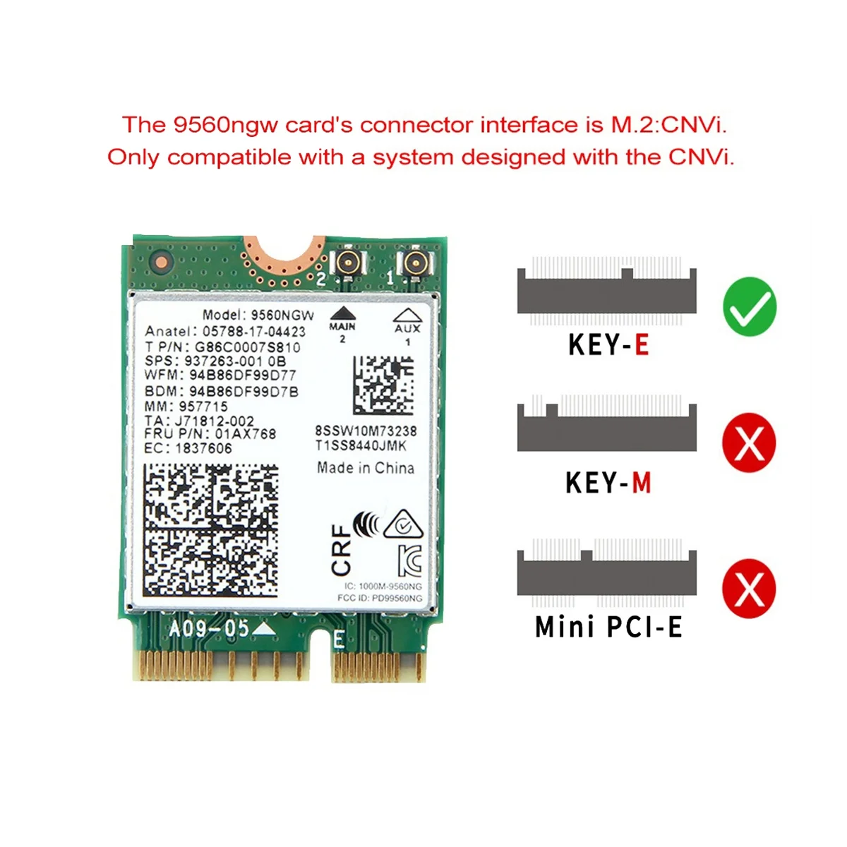 Tarjeta WiFi y antena inalámbrica 9560NGW, 1730Mbps, AC 9560, banda Dual, 2,4G + 5G, BT 5,0, 802.11Ac, M.2, CNVI, 9560NGW