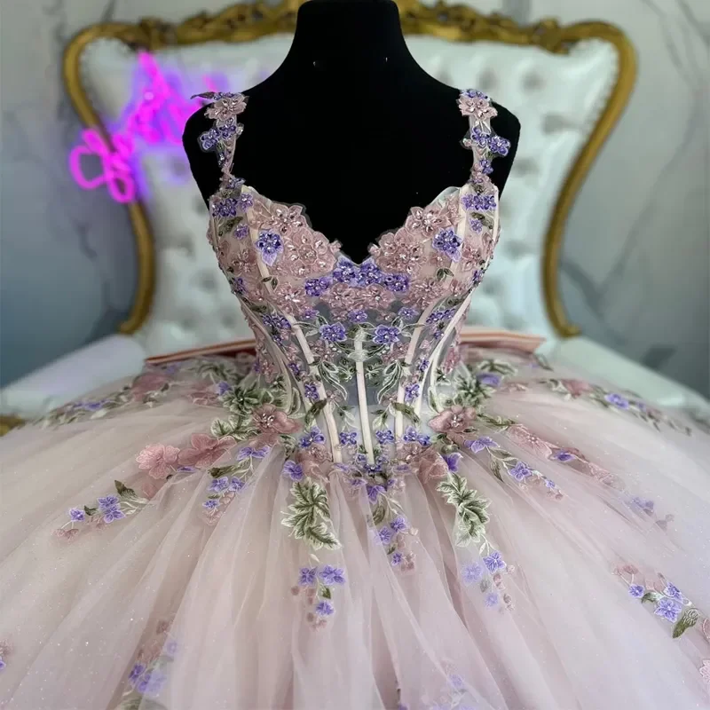 Vestidos de princesa de Quinceañera de México, vestido de baile con hombros descubiertos, apliques de tul, dulce 16, 15 años, talla grande, 2024