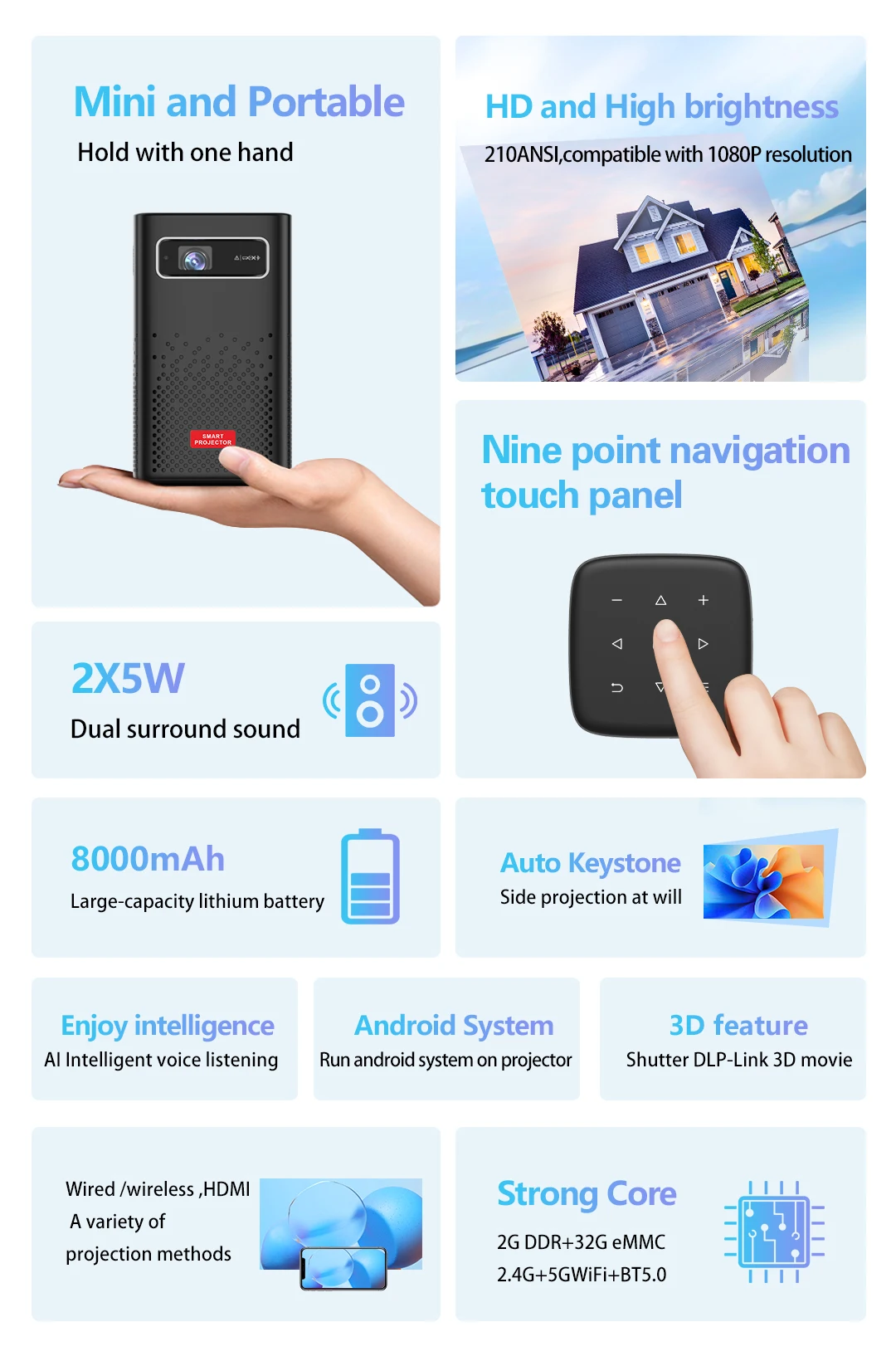 Original C900 Smart Projector 2*5W Speaker Android Portable Media Center 2G 32G 8000mAh Battery  1080P  HDR10+ BT5.0  Projector