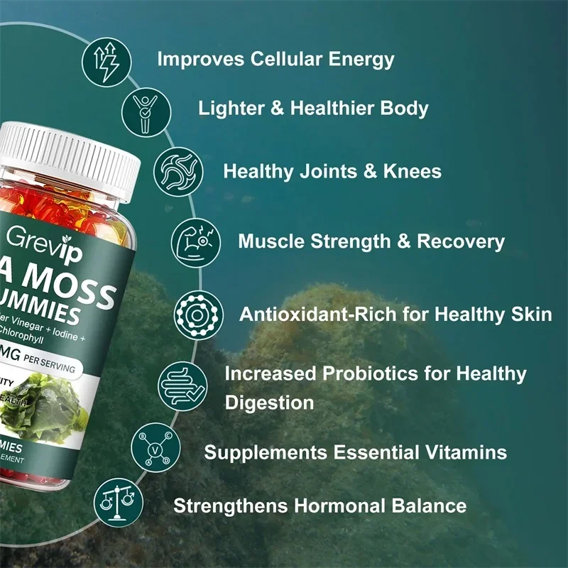 علكات طحالب البحر - مع طحلب البحر الأيرلندي وجذر الأرقطيون - تحسين صحة الجلد والعظام والمفاصل، وتنظيف الأمعاء - 60 علكة