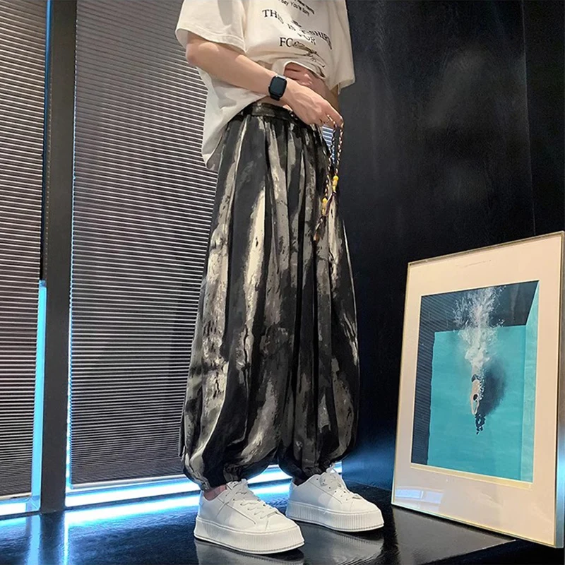 

Мужские тонкие брюки из окрашенного шелка в стиле Харадзюку, свободного кроя, повседневные, модные, летние, дышащие, удобные