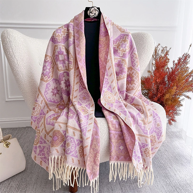 

Winter Cashmere Jacquard Pashmina Tassel Scarf Cold Weather Scarves Shawls Wraps Women Girls Thick Blanket Warm Poncho Stoles
