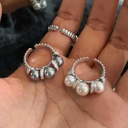 925 Sterling Silver Open Finger Ring Triple Pearl White Grey Clear CZ Punk Elegant For Women Jewelry Gift Dropship Wholesale