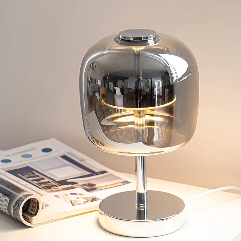 

Nordic Table Lamp Hight Transparency Smoke Gray Glass Metal Room Decorative Bedside Lamp Ornament for Living Room Club Decor