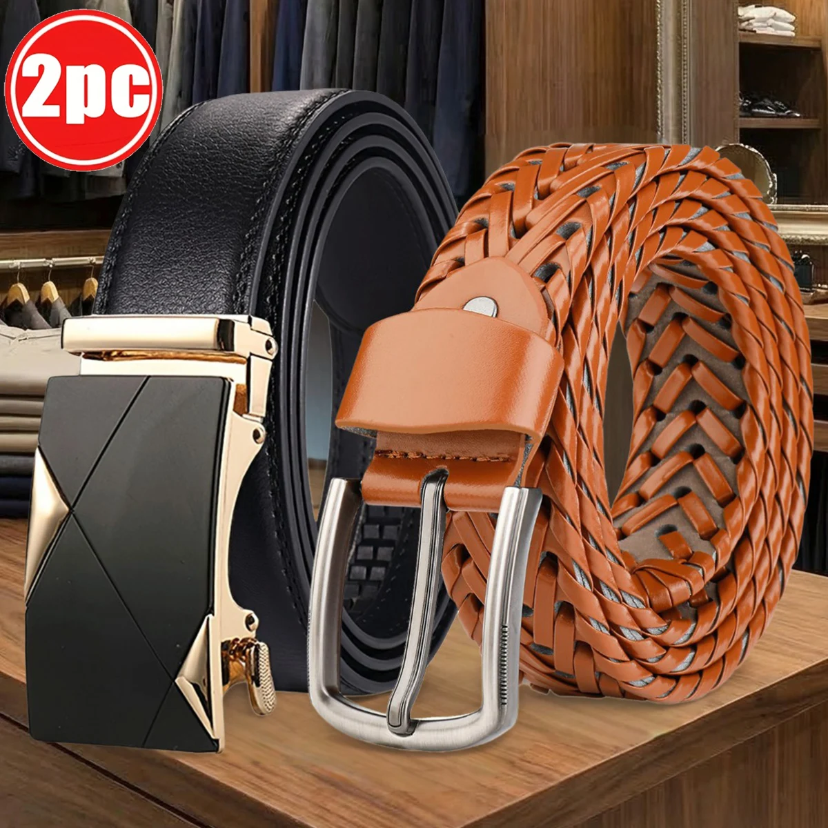 

Набор из 2 мужских ремней - с автоматической и классической пряжкой, подходят для любой одежды, идеальный подарок для него.