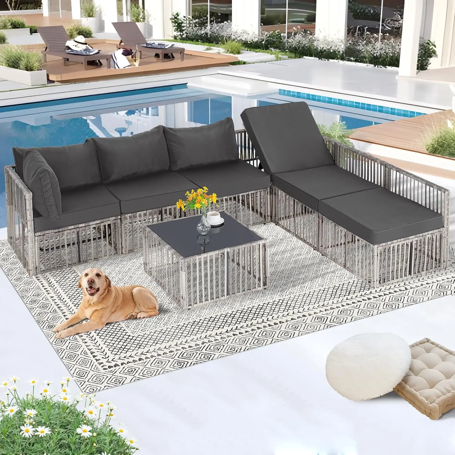 7 Pieces Outdoor Patio Furniture Set, Wicker Outdoor Sectional Conversation Couch Set with Adjustable Backrest Sofa