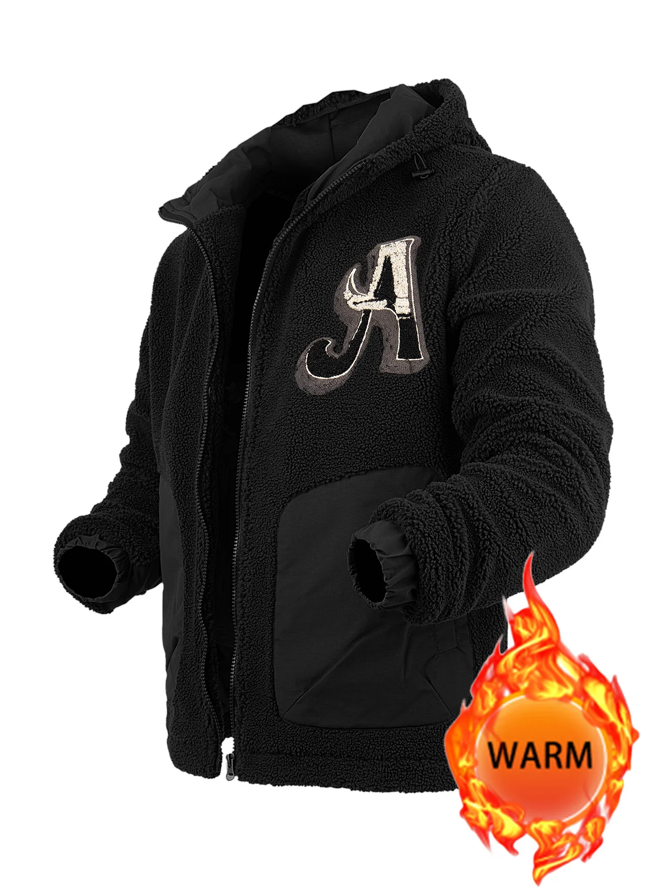 Chaqueta con capucha y cremallera de lana para hombre, puños elásticos gruesos y cálidos para otoño e invierno con bolsillo, abrigo informal bordado de retazos