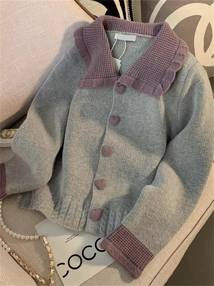 

Korean Faion Doll Collar Knitted Sweater Coat Women's Autumn Winter Sweet Sle Soft Cozy Open Cardigan Cotton 00%