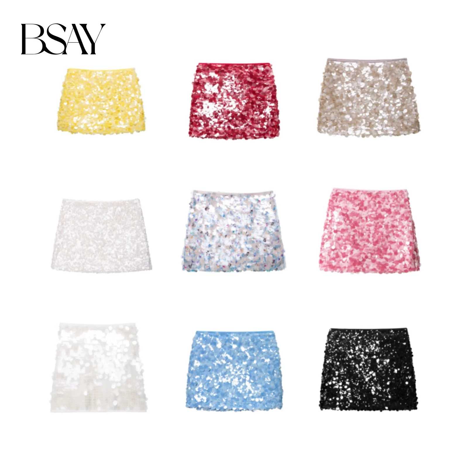 BSAY Neon-Paillettenrock, Sommer, neu, 2025, Futter, seitlicher Reißverschluss, hohe Taille, A-Linie, Minirock, schicke Geburtstagsfeier, sexy enge Röcke