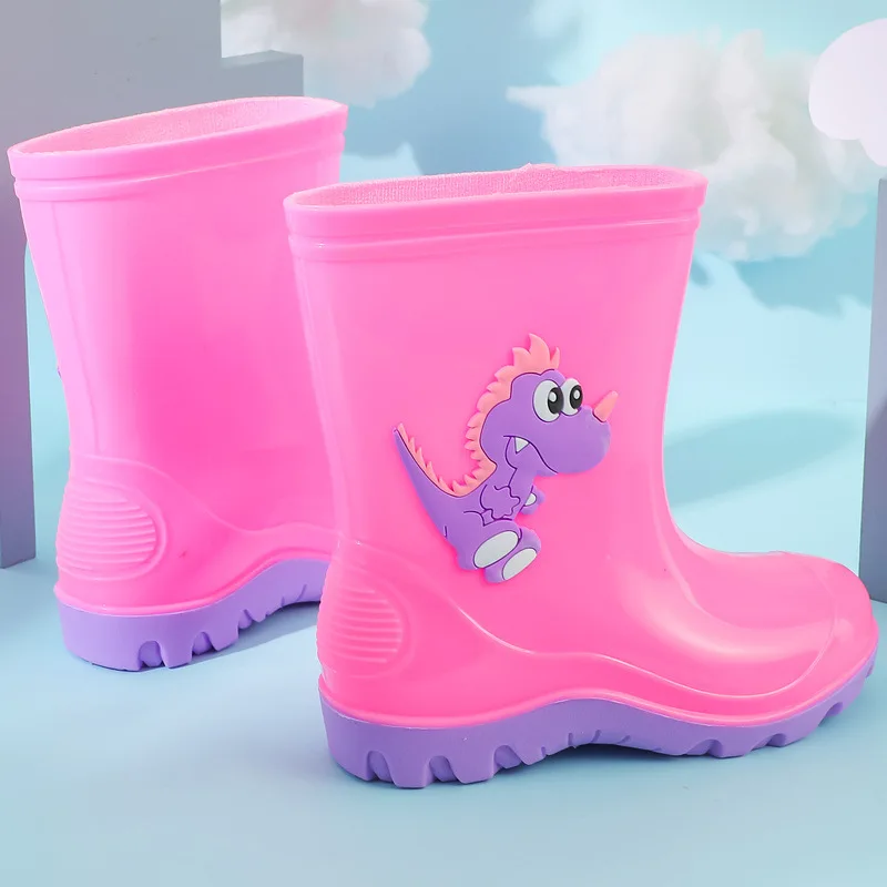 New Children Rain Boots Girls Cute Dinosaur Students Water Shoes Boys Waterproof Anti Slip Rubber Boots Cotton Warm Infant Boots