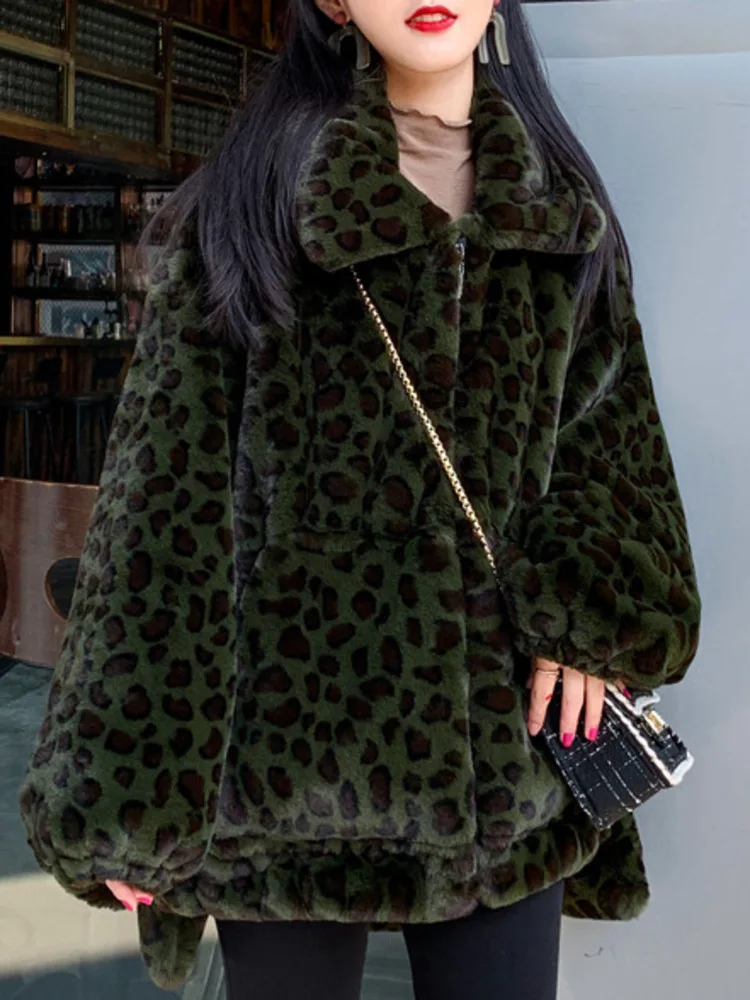 [EWQ] Elegant Leopard Print Faux Fur Coat Irregular Design Women Winter Keep Warm Thicken Fur Overcoats 2024 winter Jacket O3495