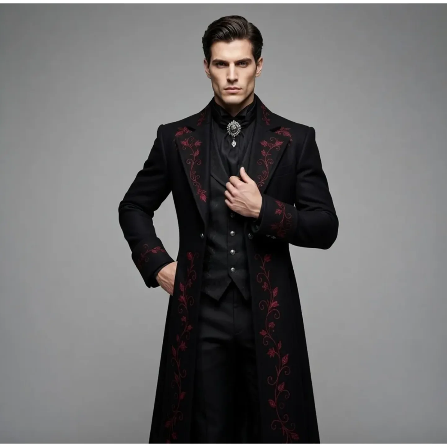 Men Gothic Victorian 2 Piece Set Suit Outfit Long Red Floral Embroidered Frock Coat Matching Waistcoat Wedding Groom Customized