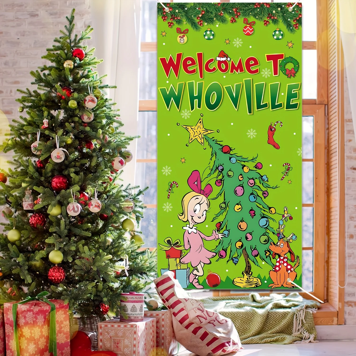 Welcome to Whoville Christmas Door Cover Green Christmas Winter Holiday Party Decoration Backdrop Door Hanging Banner