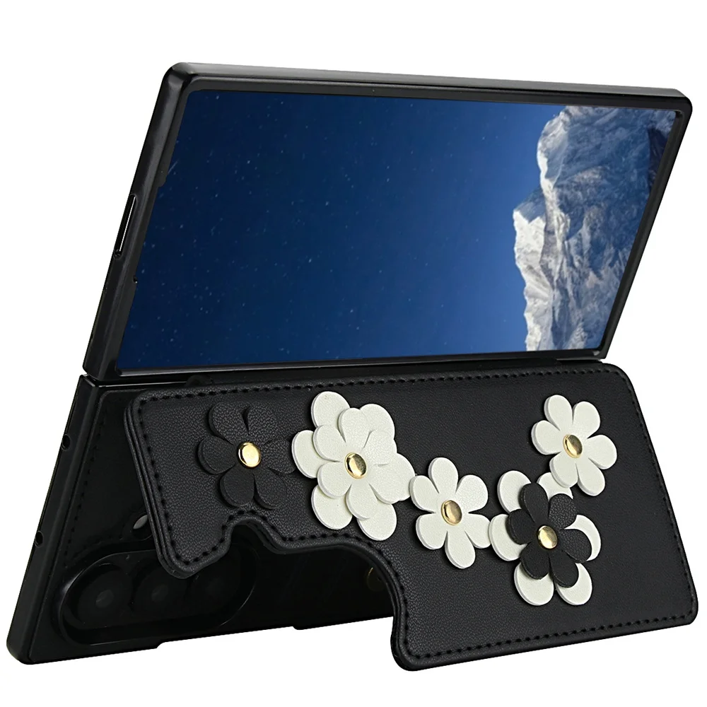 Casing Ponsel Dompet untuk Samsung Galaxy Z Lipat 7 6 5 4 Penutup Saku Kartu Kulit PU dengan Tali Leher Gelang Tangan Biji Leci Retro