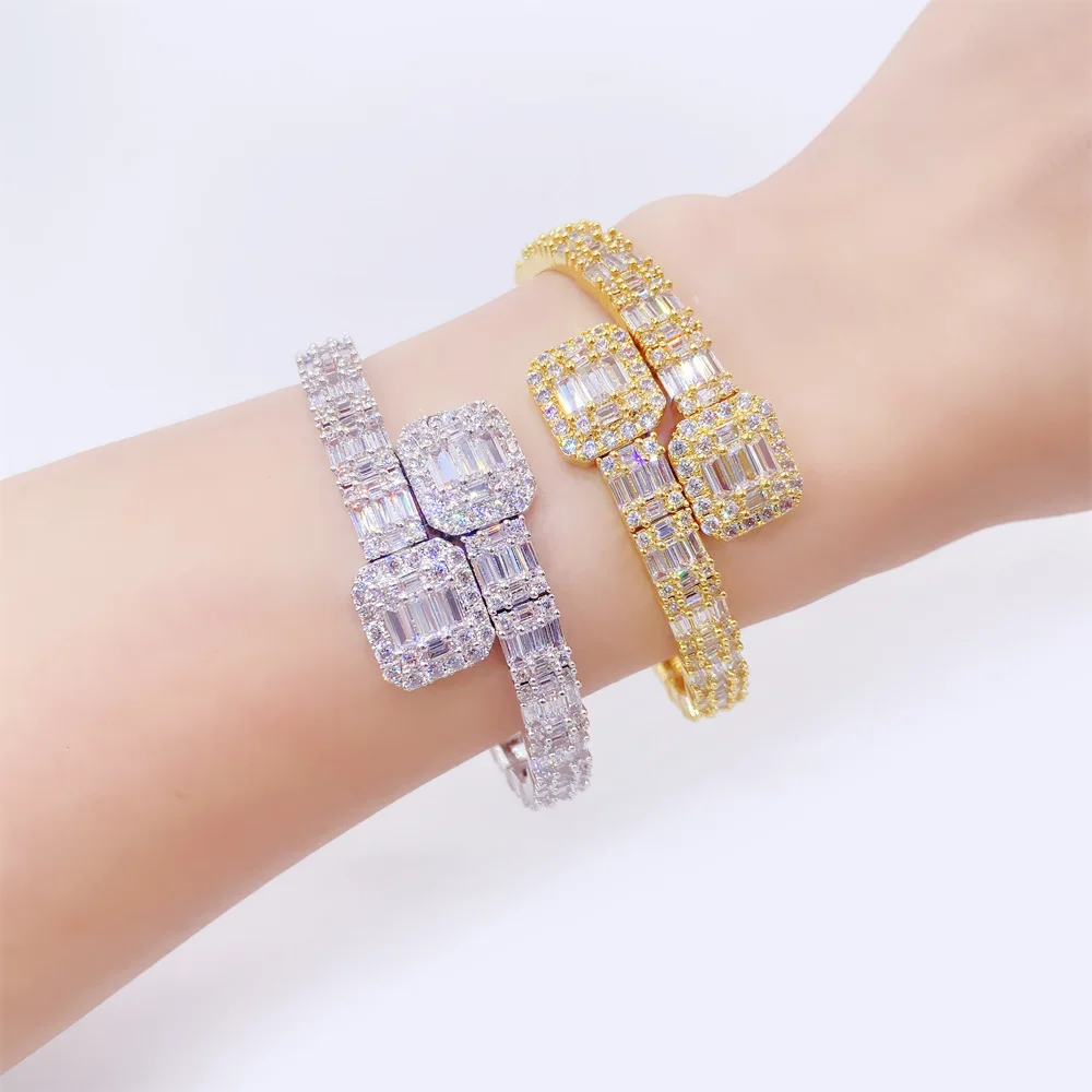 Hiphop Full Square Cubic Zirconia Bangle Silver 16k Color Bracelet Men Ins Rock Bling Jewelry Zircon Cuff Bangles Bracelets Gif