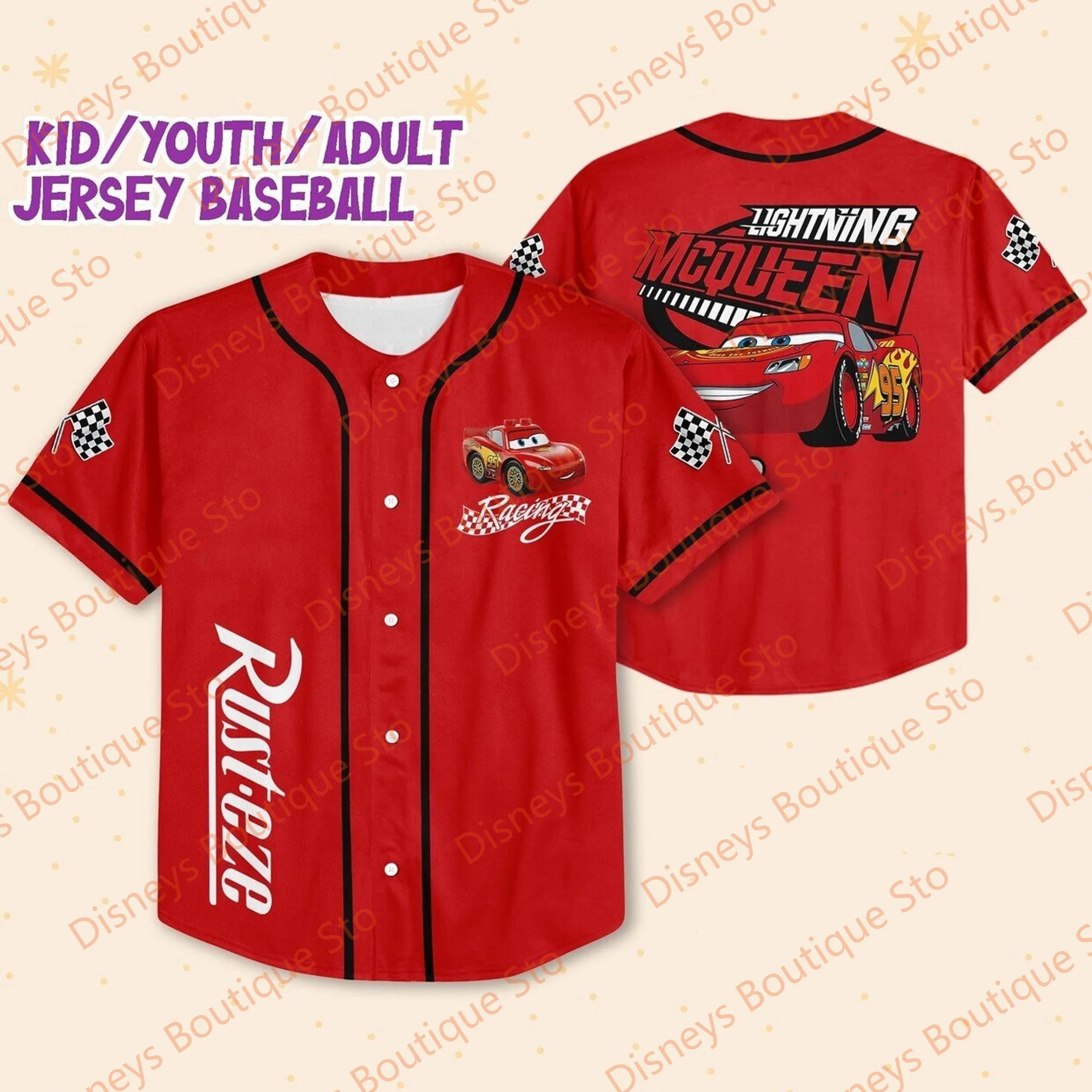 2024 New Disney Lightning Mcqueen Baseball Jersey Casual Vacation Sports Outfits Cute Oversized West Coast hip-hop Culture