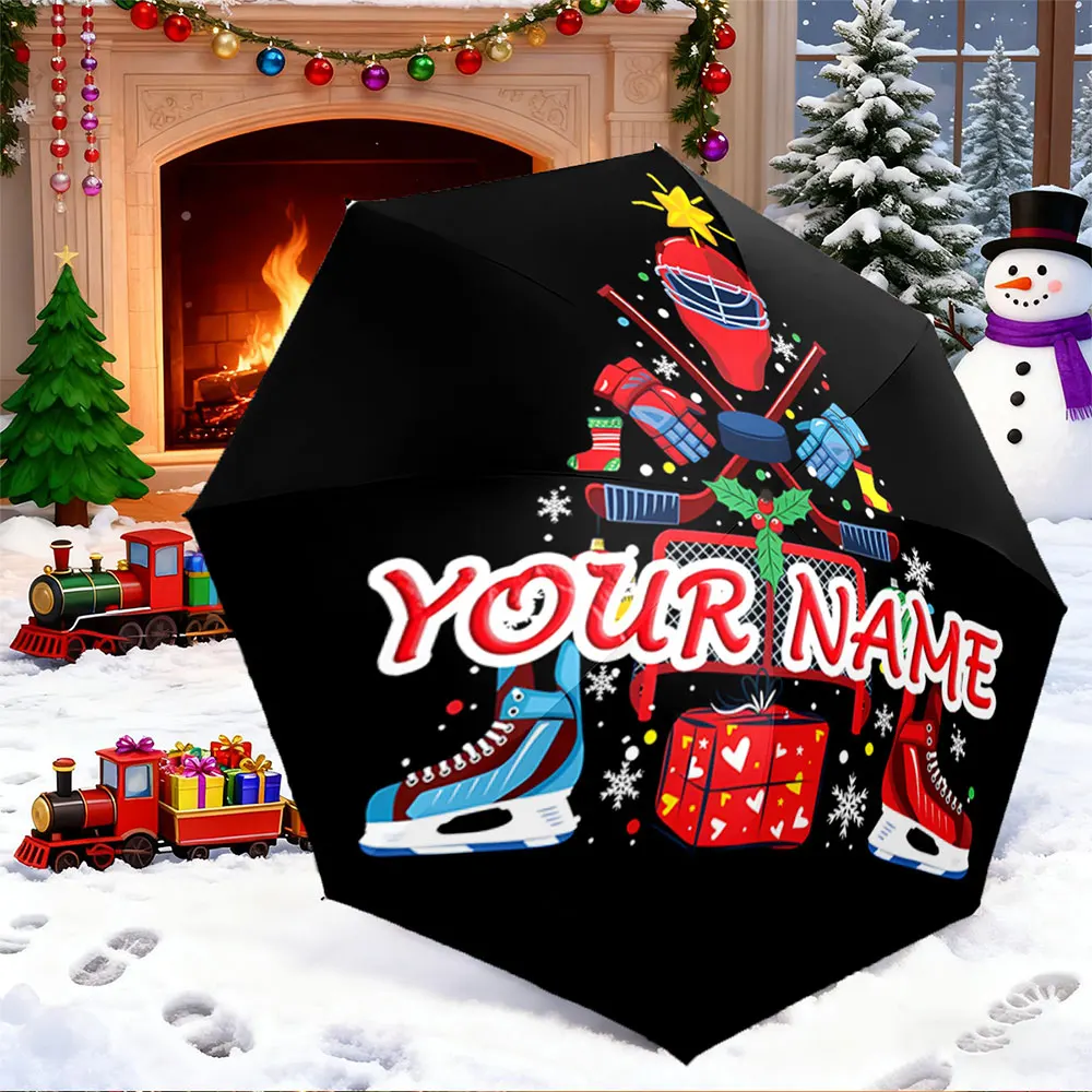 Custom Name Umbrella， Hockey Christmas Tree Design with Gifts and Snowflakes Print ,Portable Folding Umbrella, Christmas Gift