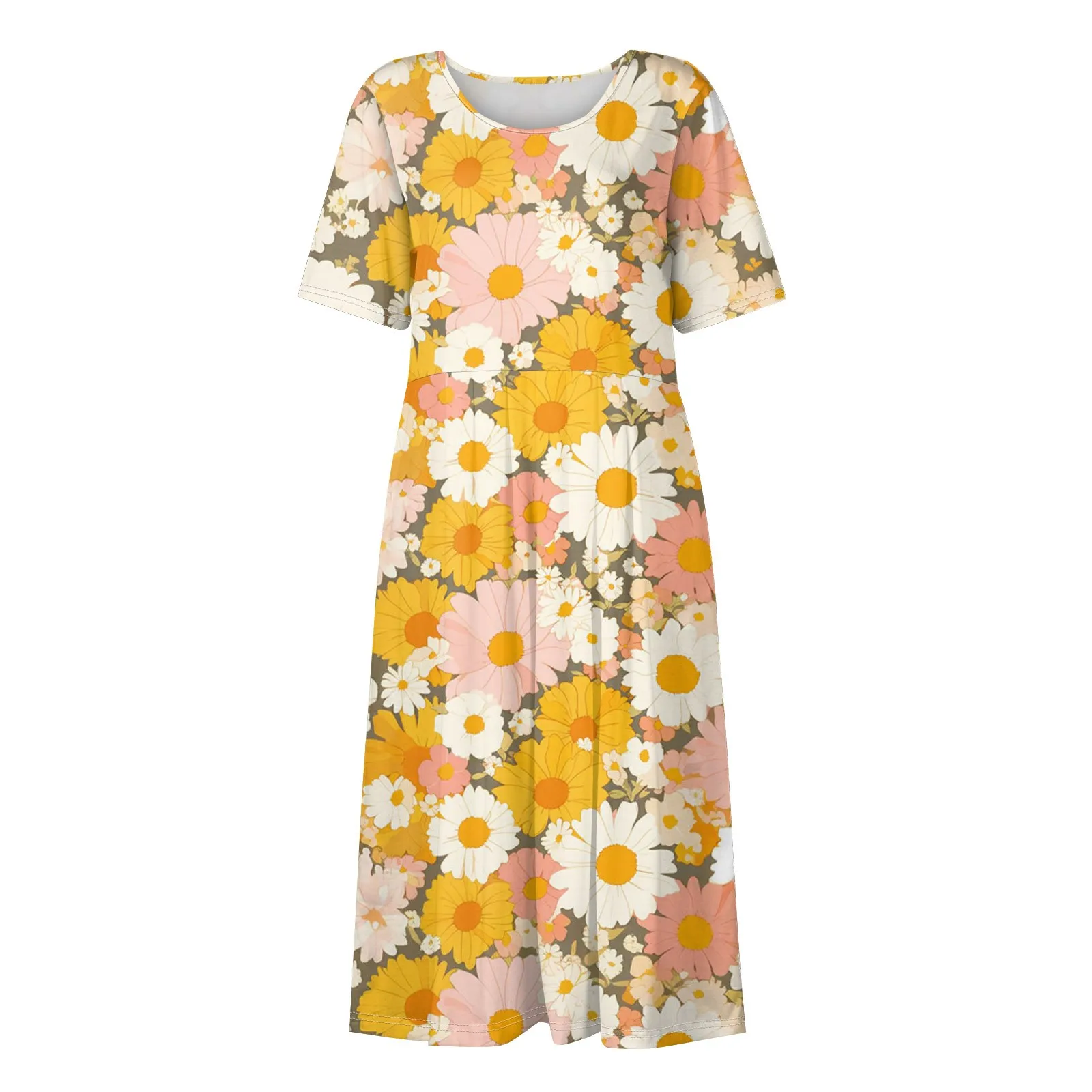 Robe longue à imprimé floral style bohème pour femmes, tenue décontractée, col rond, manches courtes, coupe trapèze, vêtements de plage, vacances, été, 2024